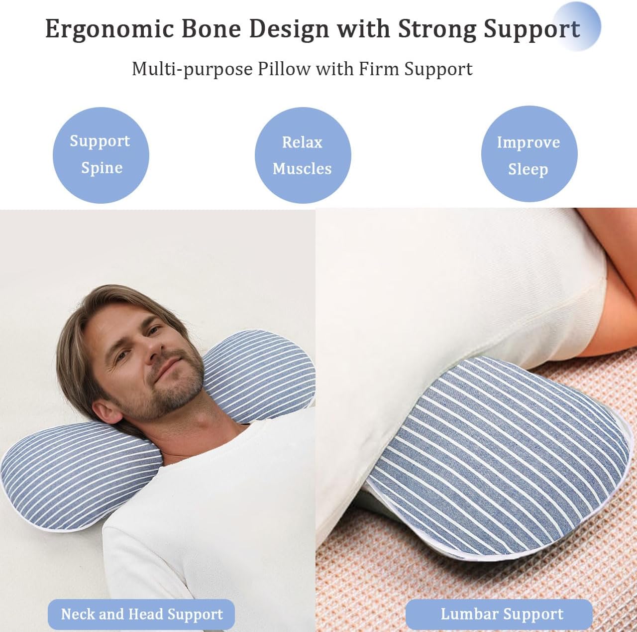 Buckwheat Pillow Cervical Neck Pillow, Buckwheat Hulls Filling Cooling Lumbar Support Pillow, Adjustable Firmness Ergonomic Design with Washable Cover, Blue 19"X7"