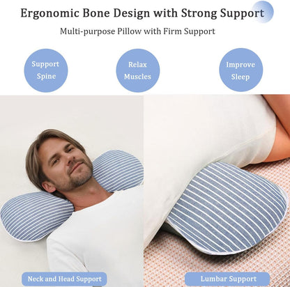 Buckwheat Pillow Cervical Neck Pillow, Buckwheat Hulls Filling Cooling Lumbar Support Pillow, Adjustable Firmness Ergonomic Design with Washable Cover, Blue 19"X7"