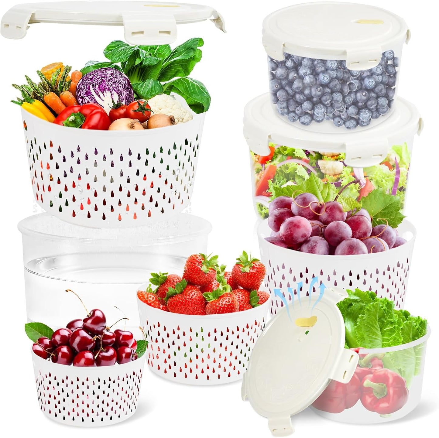 TBMax Fruit Storage Containers for Fridge Organizers and Storage, 4 Pack Large Produce Saver with Airtight Lid & Colander for Berry Lettuce Salad Vegetable Storage, Refrigerator Organizers