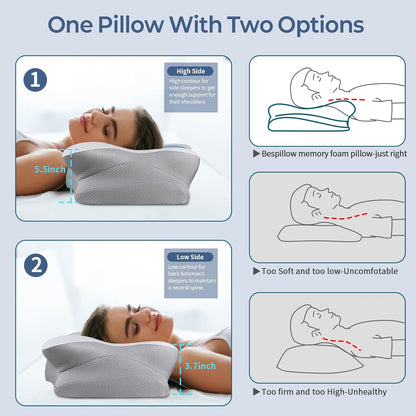 Cervical Pillow for Neck Pain Relief, Ergonomic Neck Pillow for Sleeping, Contour Side Sleeper Pillow for Neck Support, Orthopedic Cooling Memory Foam Pillows for Back Stomach Sleepers (White & Blue)