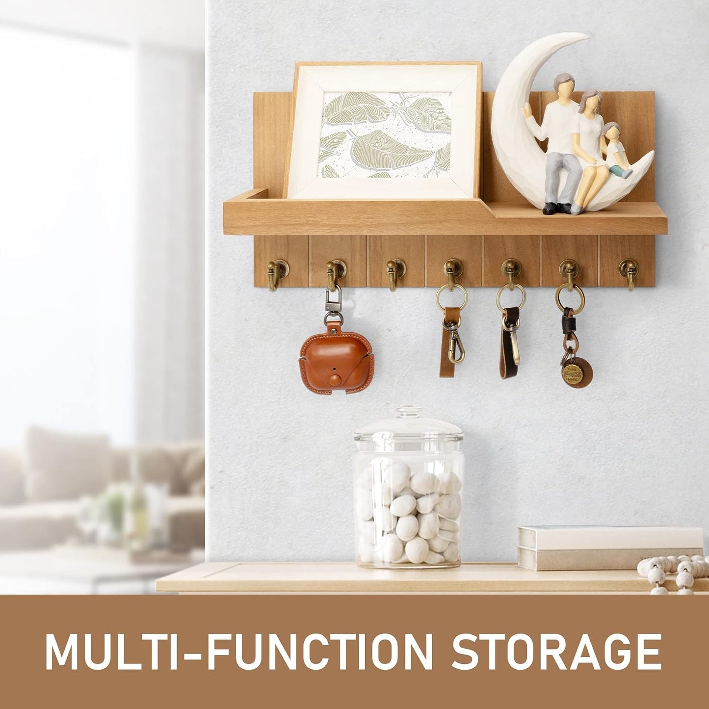 Rebee Vision Key Holder Wall Mount with 5 Key Hooks for Home Decor, Brown | 3.54'' x 10'' x 7.28'', Small Shelf for Display Plant, Key Hangers for Hat, Entryway Space-Saving Storage