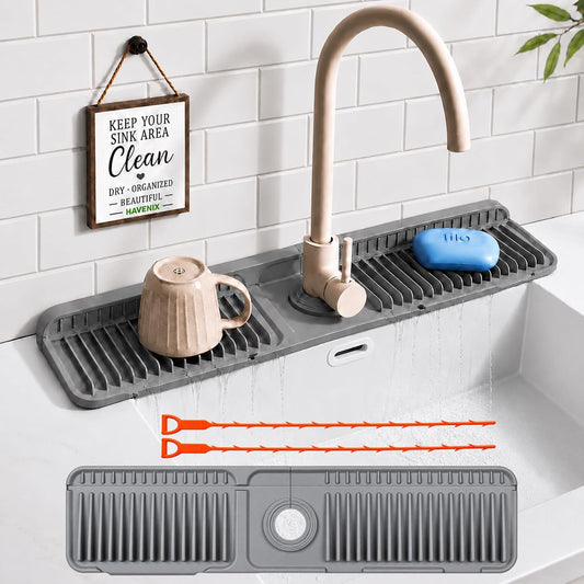 Faucet Mat for Kitchen Sink – 24 Inch Silicone Sink Splash Guard with 2 FREE Drain Cleaning Rods, Food-Grade Kitchen Faucet Mat, Self-Draining Countertop Protector for Kitchen & Bathroom