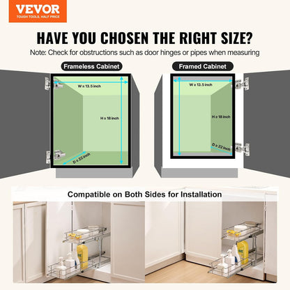 VEVOR Pull Out Cabinet Organizer, 14" Wx21.2 Dx15.2 H Heavy 2 Tier Duty Slide Out Pantry Shelves, Chrome-Plated Steel Roll Out Drawer for Under Sink, 15.5" Wx22.5 Dx19 H Install Size for Cabinet