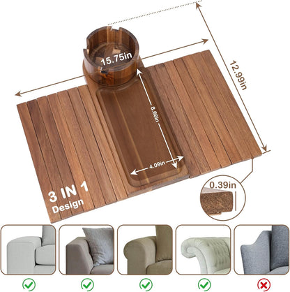Couch Cup Holder for Armrests Over 4.9" Wide with 360° Phone Stand Walnut | Couch Arm Tray with 360° Rotating Phone Stand, 3 in 1 Foldable Sofa Arm Tray Table for Remote, Snacks, Phone, Drinks