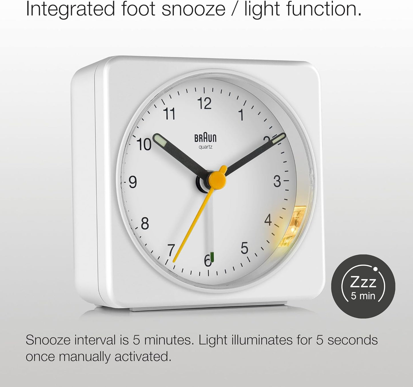 Braun Classic Analogue Alarm Clock with Snooze and Light, Quiet Quartz Sweeping Movement, Crescendo Beep Alarm in White, Model BC03W.