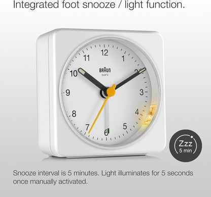 Braun Classic Analogue Alarm Clock with Snooze and Light, Quiet Quartz Sweeping Movement, Crescendo Beep Alarm in White, Model BC03W.