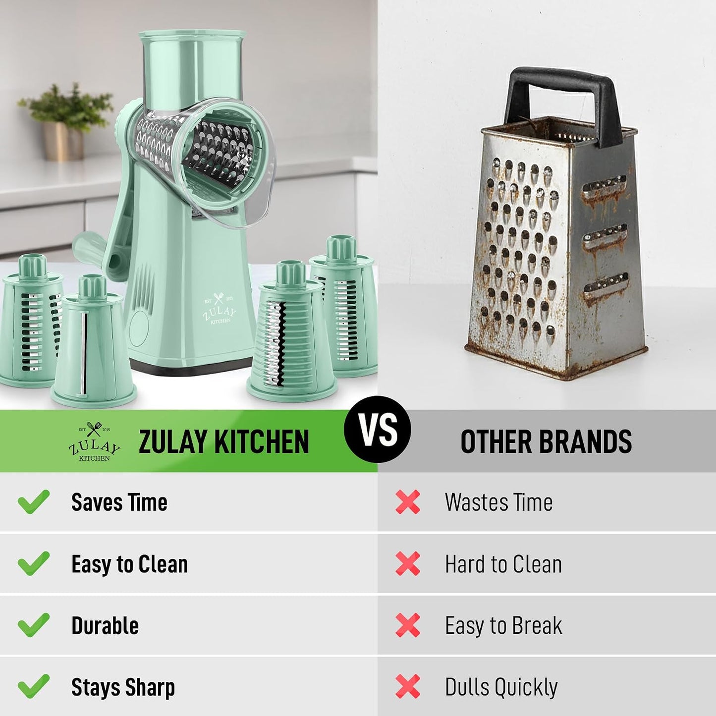 Zulay Kitchen Rotary Cheese Grater 5 Blade Cheese Shredder - Manual Hand Crank Cheese Grater With Reinforced Suction & 5 Interchangeable Drums - Easy to Use, Vegetable Chopper Round Mandoline Slicer - Colors A