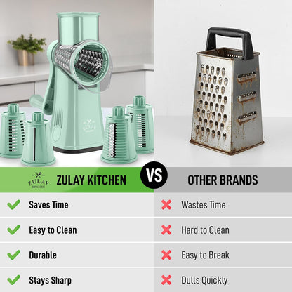 Zulay Kitchen Rotary Cheese Grater 5 Blade Cheese Shredder - Manual Hand Crank Cheese Grater With Reinforced Suction & 5 Interchangeable Drums - Easy to Use, Vegetable Chopper Round Mandoline Slicer - Colors A