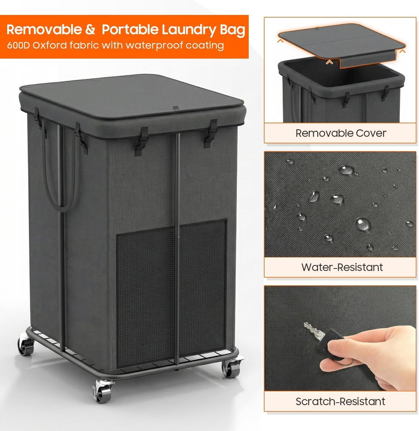Laundry Hamper with Wheels, 150L Rolling Laundry Basket with Bag & Handles | Sturdy Metal Frame | Removable Bag | Large & Tall Dirty Clothes Hampers for Laundry Room, Bedroom, Dorm, Bathroom-Black