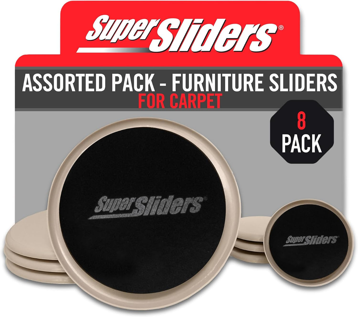 Super Sliders 8-Piece 7" and 3-1/2" Round Reusable Furniture Sliders for Carpet, Anti-Slip Protective Furniture Moving Pads for Beds, Sofas, Dressers, Beige