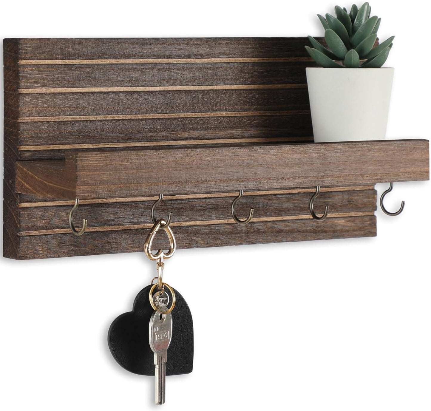 Lwenki Decorative Key Holder for Wall with Shelf, Entryway Shelf with Hooks Holds Leashes, Jackets and Glasses – Sturdy Wood Keyholder Entrance Hanger with Mounting Hardware (Black, Medium)