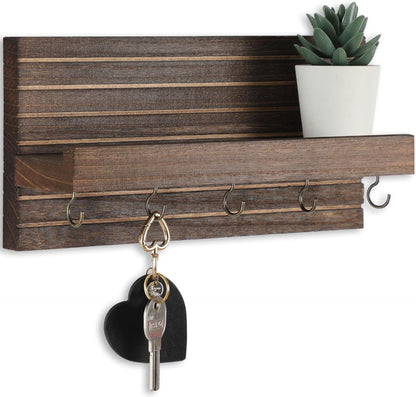 Lwenki Decorative Key Holder for Wall with Shelf, Entryway Shelf with Hooks Holds Leashes, Jackets and Glasses – Sturdy Wood Keyholder Entrance Hanger with Mounting Hardware (Black, Medium)