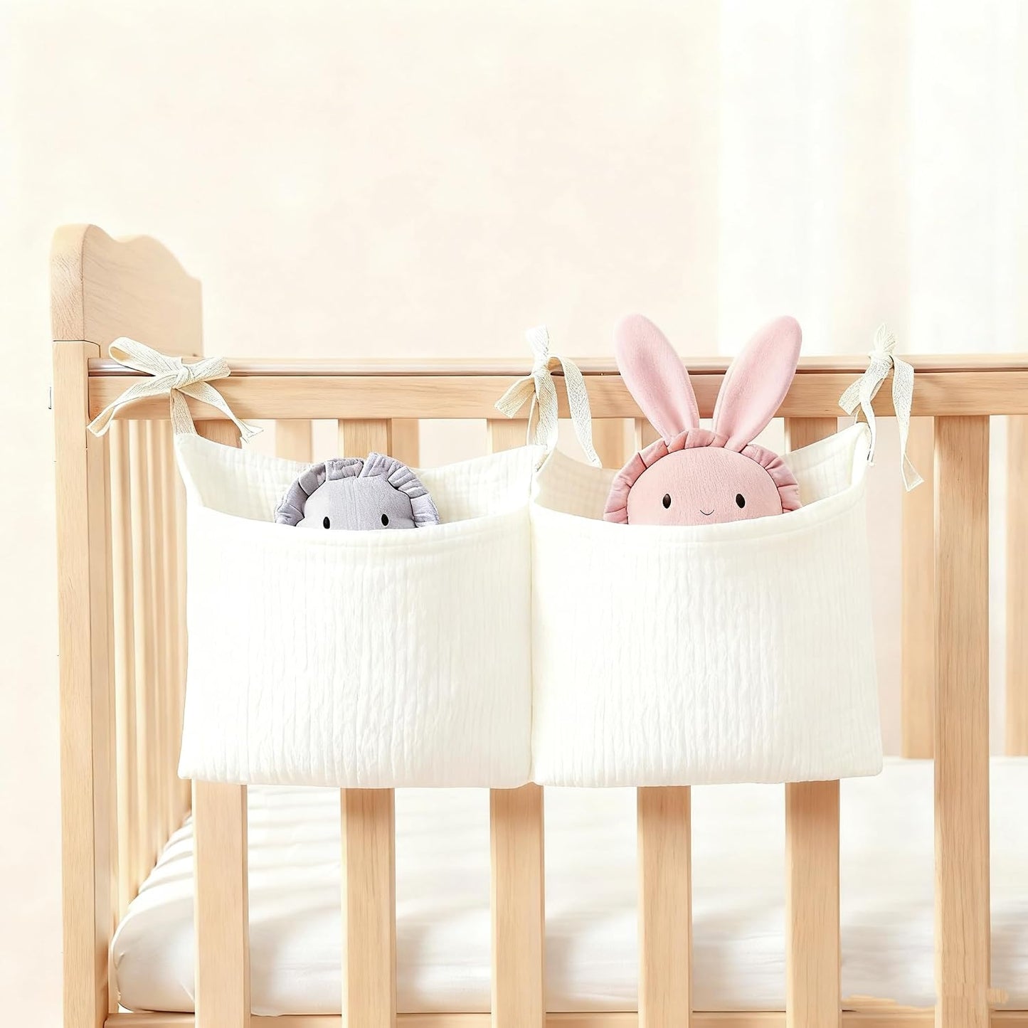 Baby Bedside Hanging Storage Bag Muslin Cotton Teddy Bear, Crib Diaper Caddy Organizer 2 Pockets, Nappy-Dormitory Nursery Organization Holder for Cribs, Playard or Wall Milk Bottle Bib Organizing
