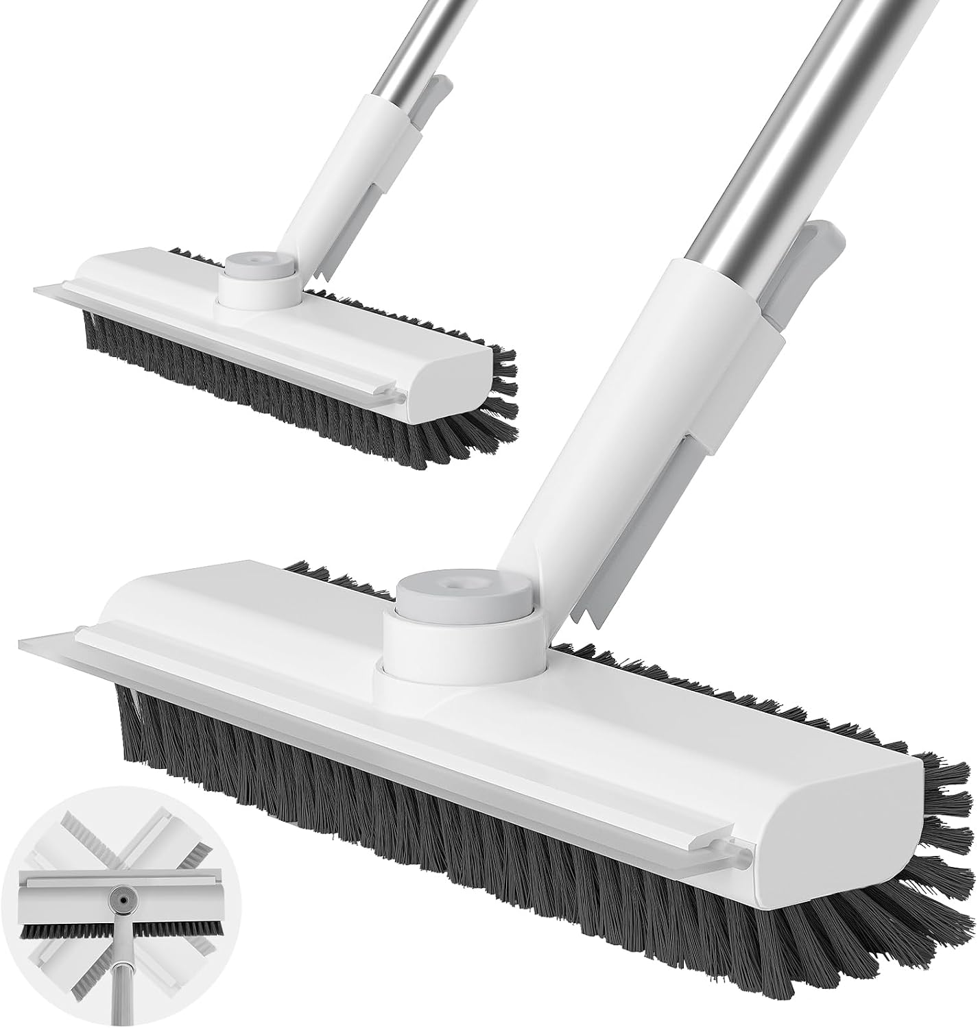 AIR U+ Floor Scrub Brush with Long Handle, 3-in-1 Rotating Head & Squeegee | Stiff Dual-Sided Bristle Scrubber for Shower, Bathroom, Kitchen and Patio, 30–50 In Handle for Easier Stand-up Cleaning