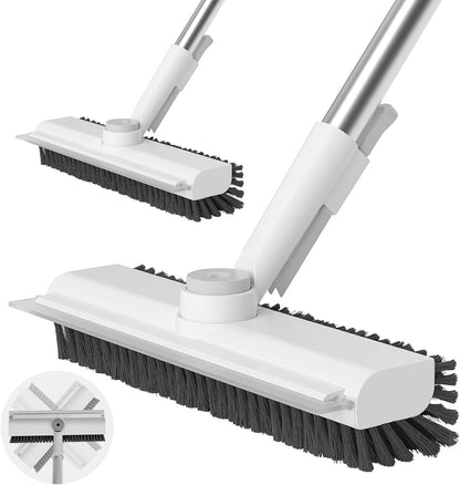 AIR U+ Floor Scrub Brush with Long Handle, 3-in-1 Rotating Head & Squeegee | Stiff Dual-Sided Bristle Scrubber for Shower, Bathroom, Kitchen and Patio, 30–50 In Handle for Easier Stand-up Cleaning