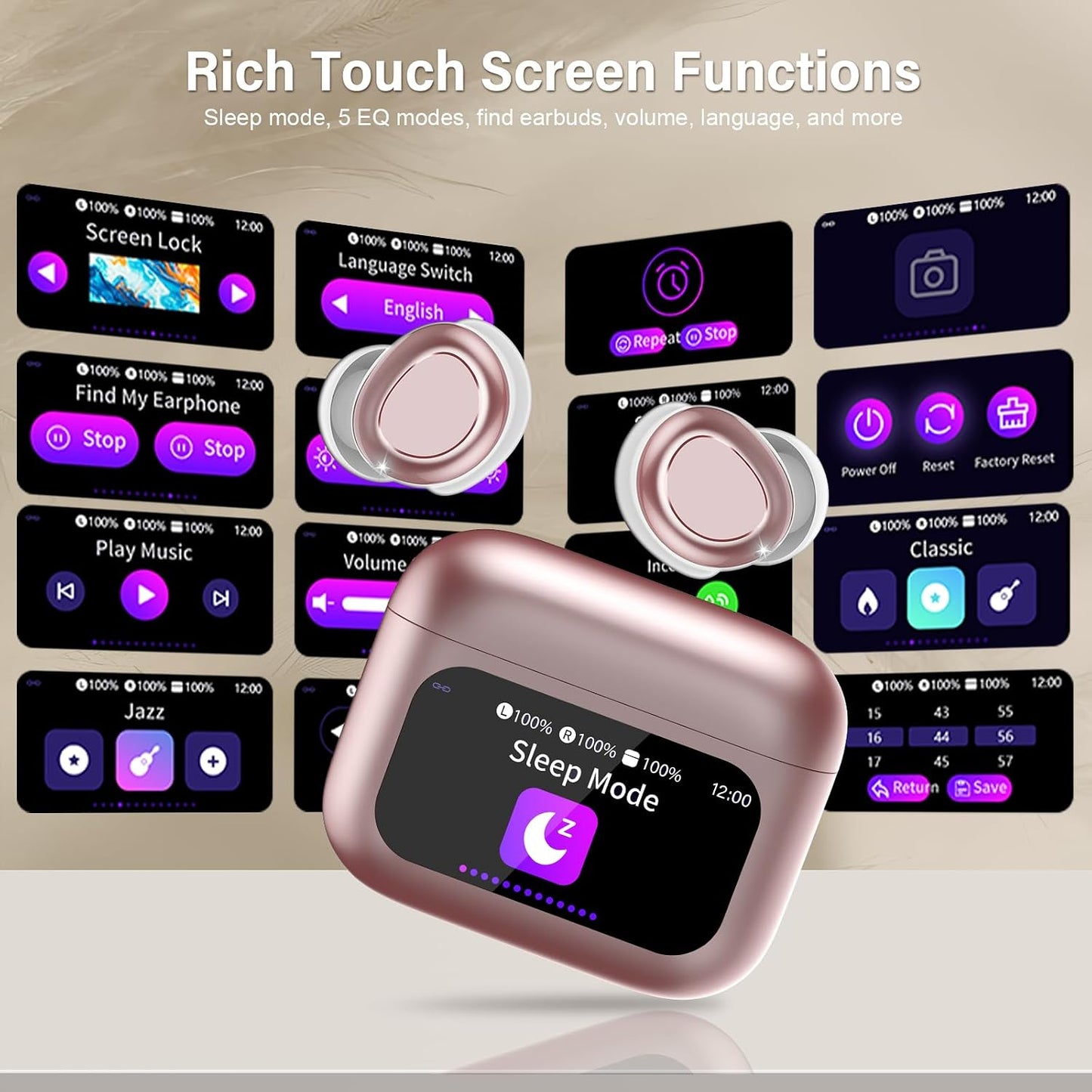 Sleep Earbuds Bluetooth 5.4 in Ear Touch Screen Sleep Headphones, Small Design Mini Sleep Earbuds for Side Sleepers with Sleep Mode, 48H Playtime Sleep Earphones Clear Calls, Rose