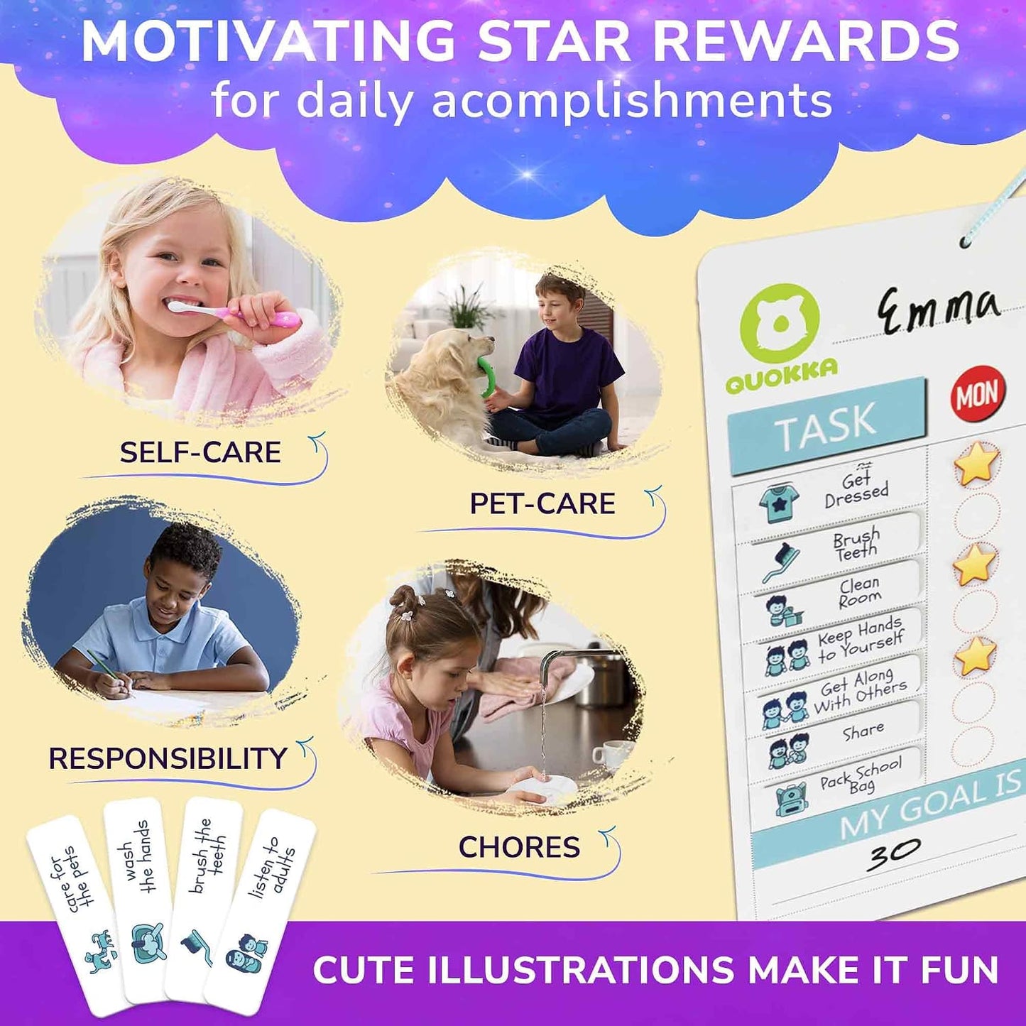 Magnetic Chore Chart for Kids - Reward Behavior Chart for Kids at Home | Dry Erase Morning Routine Schedule Board - Responsibility Star Chart for Toddlers 3-5 - 48 Magnets and 49 Stars