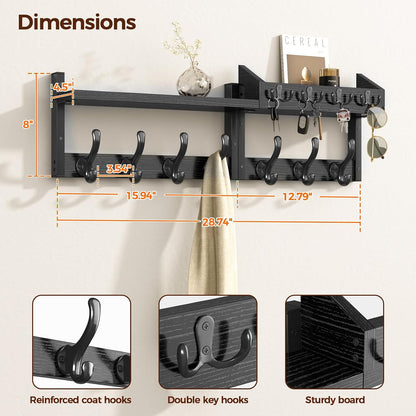 Evermagin 29" Coat Rack Wall Mount with Shelf for Entryway, Rustic Brown | Wall Mounted Coat and Key Rack with Hooks, Key Holder with Mail Organizer for Wall, Living Room, Mudroom, Bedroom