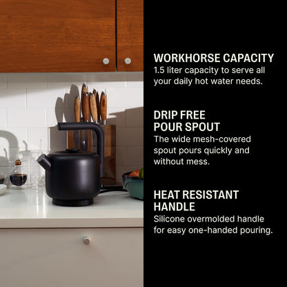 Fellow Clyde Electric Kettle 1.5 Liter - Fast Boil, Drip-Free Spout | Hot Water Tea Kettle for Tea & Coffee, Stainless Steel Water Boiler, Auto Shut-Off, BPA-Free, Cordless, Matte Black