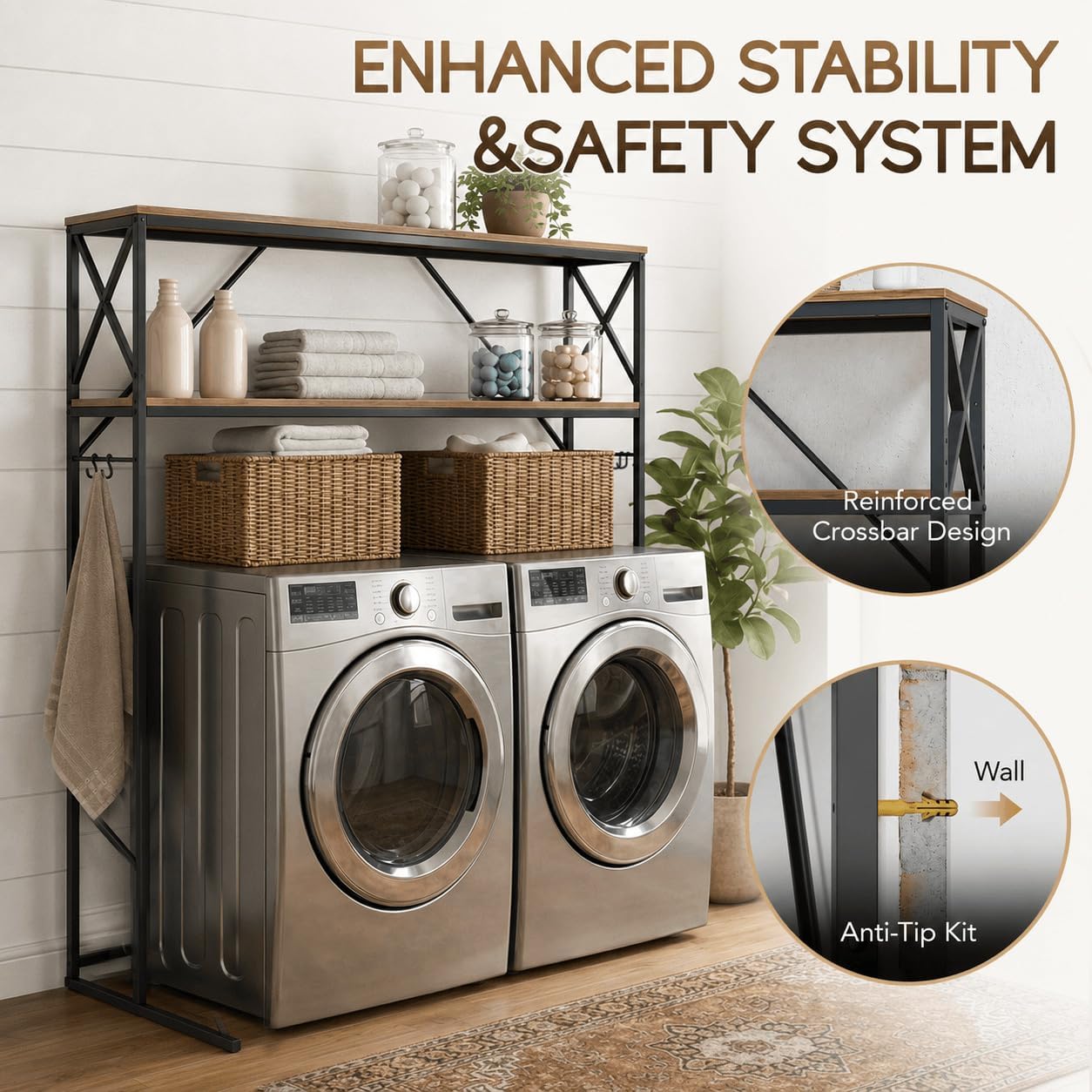 FIMELLO 2 Tiers Over Washer and Dryer Storage Shelves,Espresso Oak | Freestanding Laundry Room Standing Shelf, Laundry Room Shelves for Front & Top Load , 57.1" W x 16.1" DX 59.1 H,