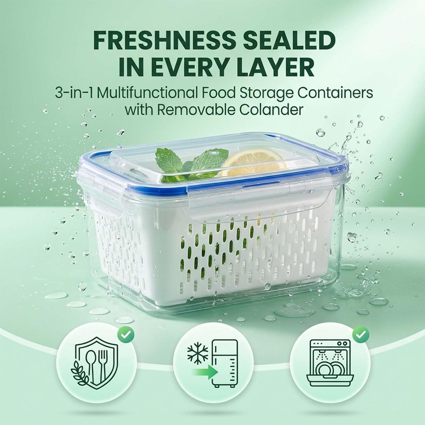 Fruit Storage Containers for Fridge with Removable Colander, Airtight Produce Storage Containers with Lids, Fridge Organizers and Storage for Berry, Fruit, Vegetables, Salad & Meal Prep (Gray, S+M+L)