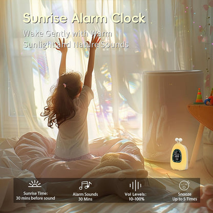 Sunrise Alarm Clock Wake Up Light, White Noise Sound Machine with 20 Soothing Sounds, 10 Night Lights, Wireless Speaker/Temp & Humidity/Rechargeable, Dimmable Clock Gift for Baby Kids Adults