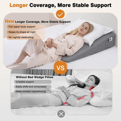 Vekkia 34" Extra-Long Wedge Pillow,7.5" Bed Wedge Pillow for Sleeping,White | Pillow Wedge Back Support for After Surgery, Idea for Acid Reflux,Snoring Relief,Removable Washable Cover&Double Side Pockets