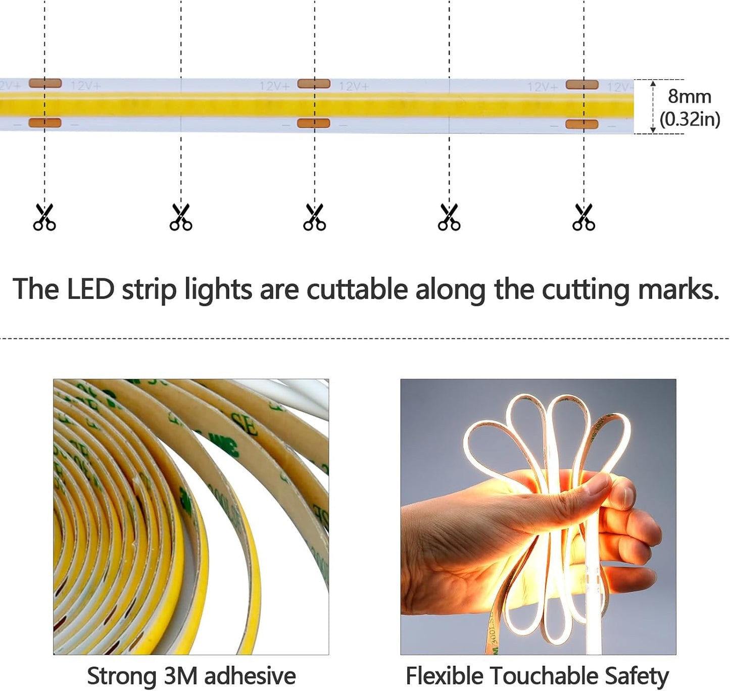 GOMING Motion Sensor COB LED Light Strip 16.4ft(5M) Cool White 6000K | 3 Lighting Modes 3 Timing Off Modes 3 Brightness Modes with Power Adapter for Kitchen Cabinets Stair Showcase Bedroom Bed