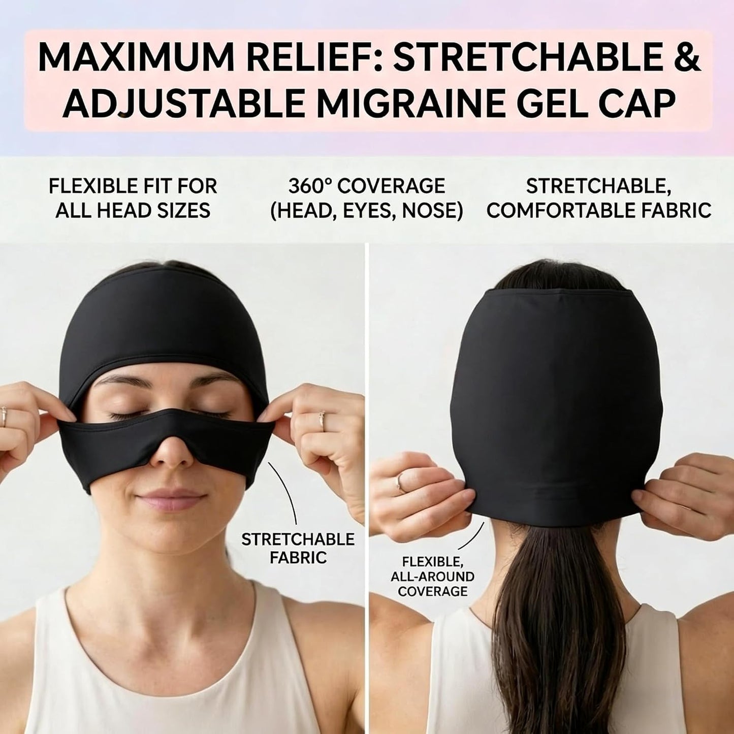 Migraine Relief Cap with Eye Holes, 3-in-1 Cooling Headache Cap with Detachable Eye Mask, Reusable Gel Ice Pack Face Head Wrap, Hot & Cold Therapy Hat for Stress,Hangover Relief at Home