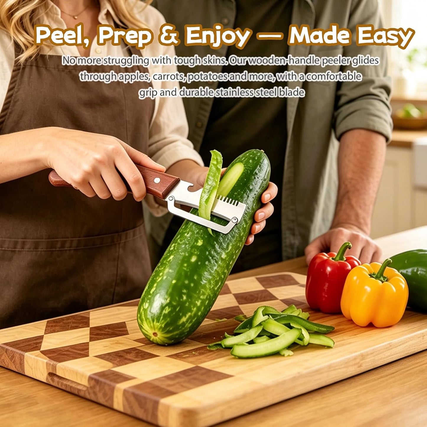 2 PCS Multifunctional Vegetable Peeler, 3 in 1 Elite Vegetable Peeler with Wooden Handle and Bottle Opener, Zero Snag Wooden Peeler for Fruits and Vegetables