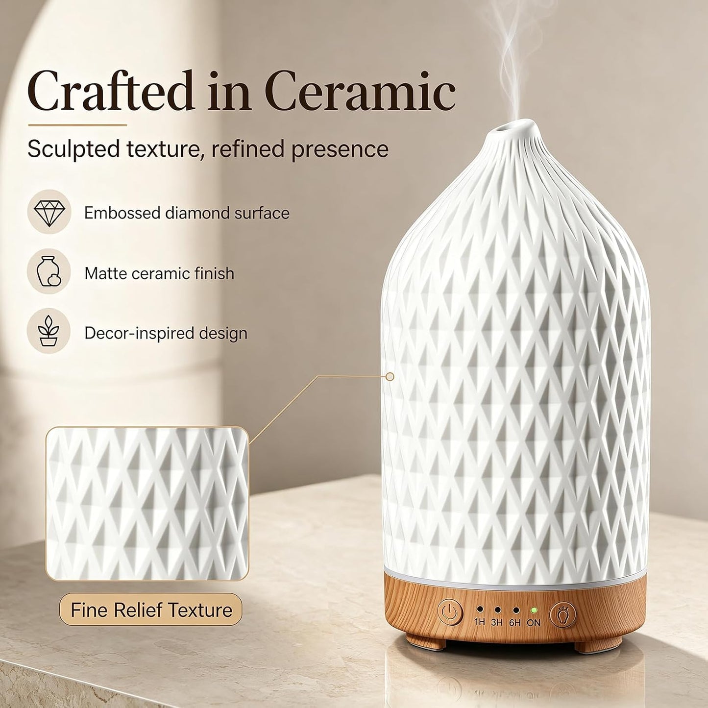 Gooamp 200ML Ceramic Essential Oil Diffuser for Home - Ultrasonic Aromatherapy Diffuser Humidifier with 7 Color LED Lights, Auto Shut-Off, 3 Timers for Bedroom, Office, Yoga, Black