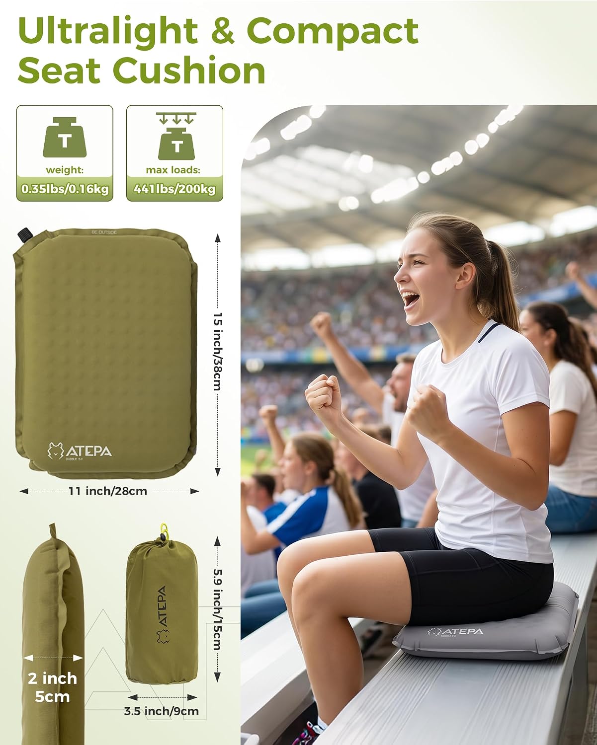 ATEPA Inflatable Seat Cushion | 2" & 2.5" foam core seat pad, Self inflating, Compact, Stadium, Airplane, Travel, Camping, Hiking, Sports events