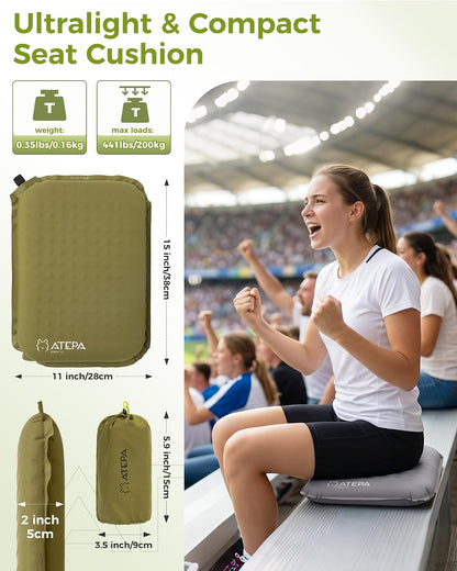 ATEPA Inflatable Seat Cushion | 2" & 2.5" foam core seat pad, Self inflating, Compact, Stadium, Airplane, Travel, Camping, Hiking, Sports events