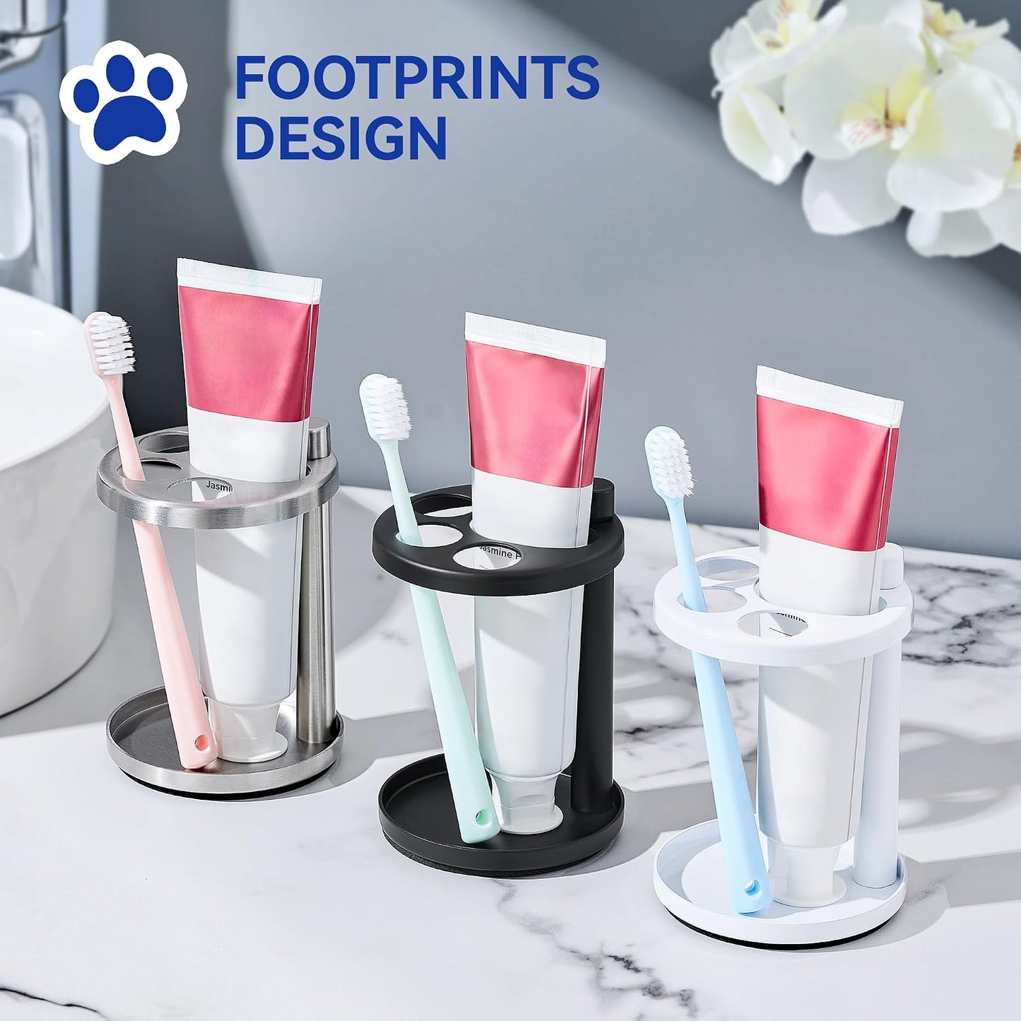 Toothbrush & Toothpaste Holder for Bathroom Countertop, Metal Electric Toothbrush Stand with Razor Slot, Ideal Design Caddy for Kids & Family, Black