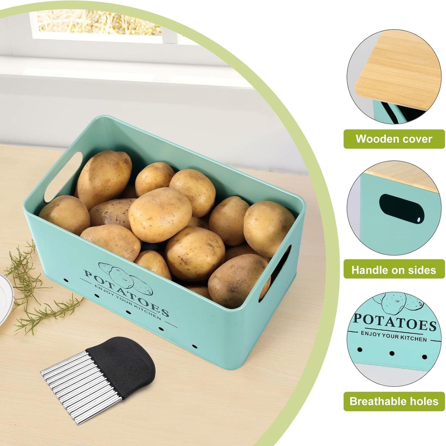 Kitchen Vegetable Storage Set of 3, Metal Onion Garlic Potato Storage Set, Kitchen Canisters Vegetable Keeper Containers with Aerating Holes and Bamboo Lid,Black