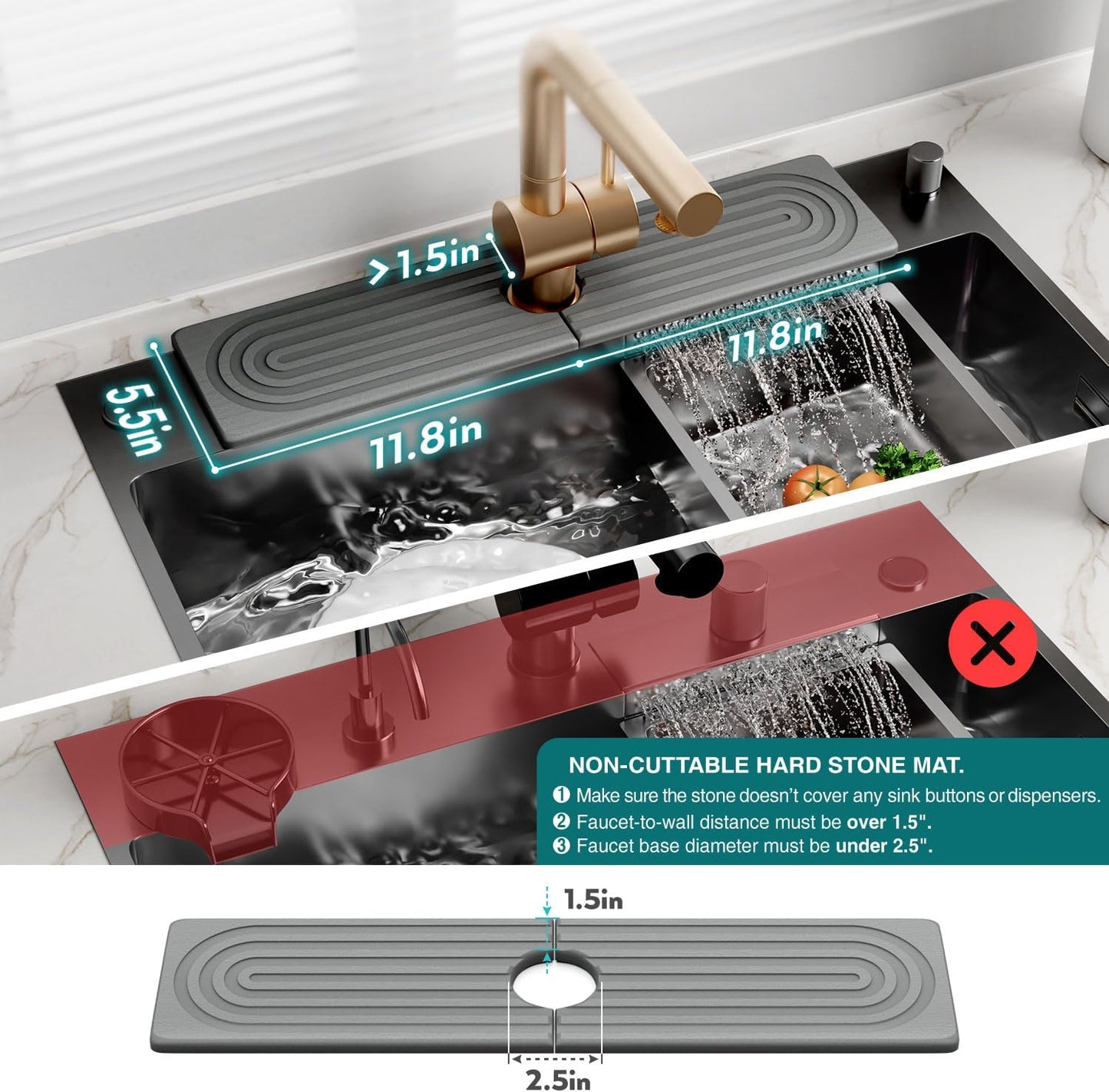 Stone Faucet Mat for Kitchen Sink – Diatomite Drying Stone Mat & Sink Protector, Prevents Moisture – Sink Splash Guard Water-Absorbing Stone Tray for Bathroom Counter (Light Grey, 20" x 3.9")