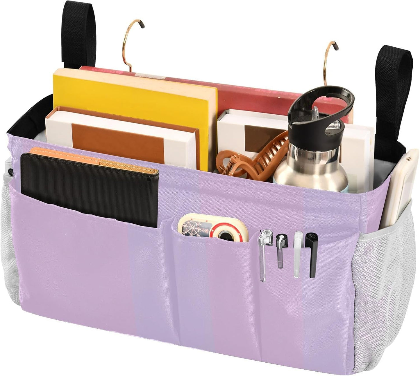YETTASBIN Purple Bedside Caddy Hanging Storage Organizer Bag with 2 Straps & Hooks for Bunk Beds, College Dorm, Hospital Bed - Holder for Books, Phone, Magazine, Glasses, Keys