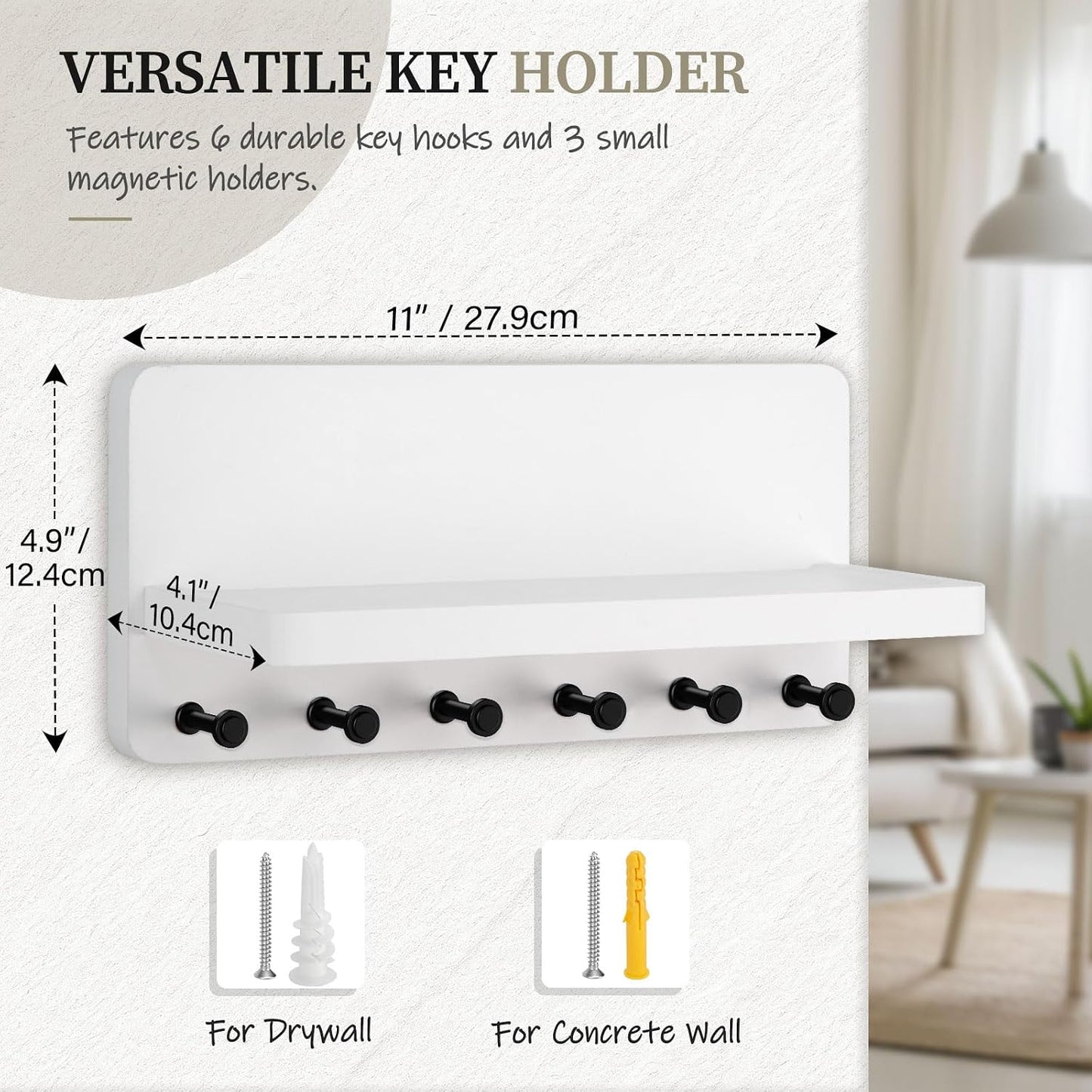 Nekon Key Holder for Wall with Shelf, Pine Wooden Key Hanger, Black | Small Wall Mounted Key Holder with 4 Hooks, Farmhouse Wall Organizer for Home Entryway & Apartment