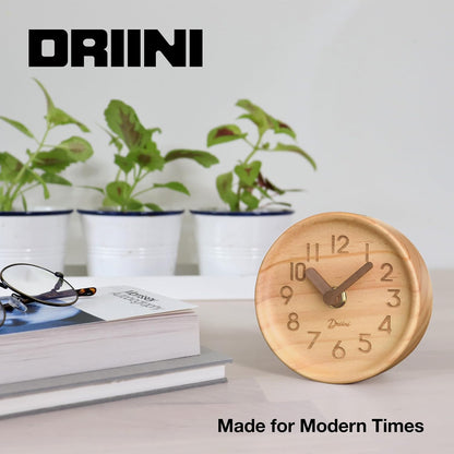 Driini Small, Silent Wooden Analog Desk Clock for Shelf or Table, Dark