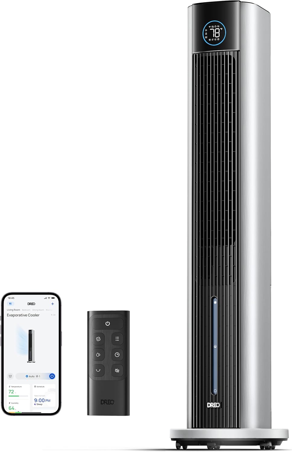 DREO Tower Fan for Bedroom, 43" Cooling Fans That Blow Cold Air 2025 Upgraded, Evaporative Air Cooler, Quiet 85° Oscillating Floor Fan, Easy Cleaning, APP Control, 4 Modes & 4 Speeds, Ink Black