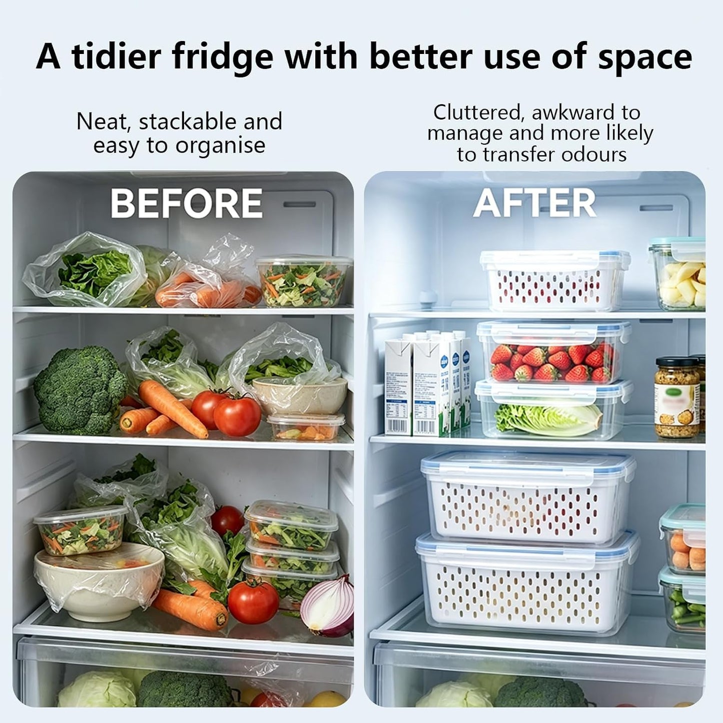 3 Pack Fruit Storage Containers for Fridge with Removable Colander and Lids | Fruit Containers for Fridge, Produce Containers for Fridge for Berry, Lettuce, Salad, Microwave and Dishwasher Safe