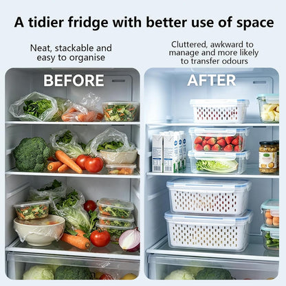3 Pack Fruit Storage Containers for Fridge with Removable Colander and Lids | Fruit Containers for Fridge, Produce Containers for Fridge for Berry, Lettuce, Salad, Microwave and Dishwasher Safe