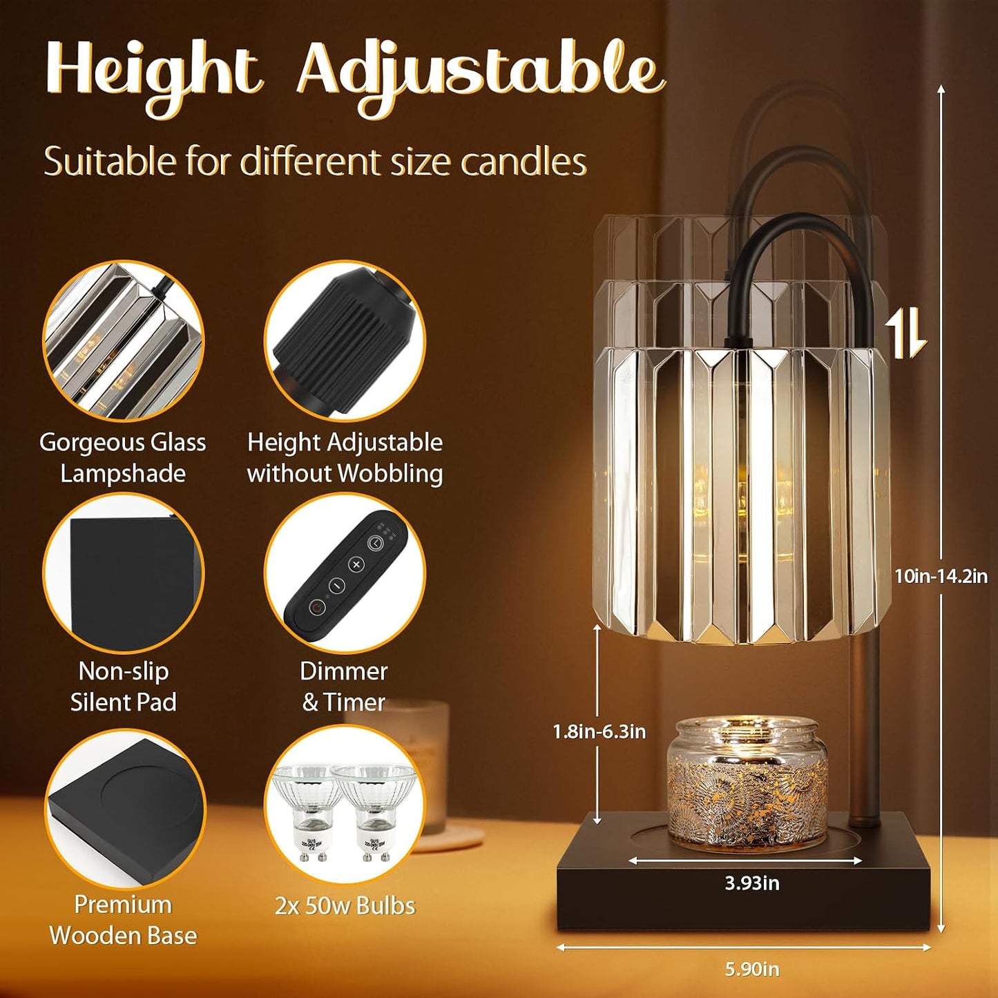 Candle Warmer Lamp with Timer, Electric Candle Warmer for Jar Candles, House Warming Gifts, Modern Home Decor Dimmable Wax Melting Lamp with Large Head, Black, Glass