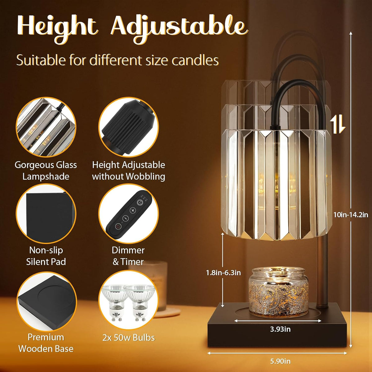 Candle Warmer Lamp with Timer, Electric Candle Warmer for Jar Candles, House Warming Gifts, Modern Home Decor Dimmable Wax Melting Lamp with Large Head, Black, Glass