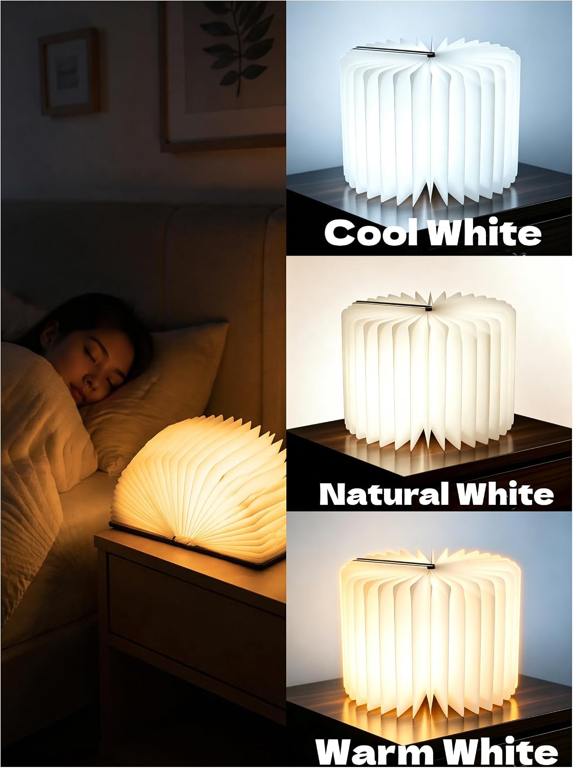 Book Lamp for Book Lovers Gifts-3 Color Lights,LED Ambient Lighting,Portable Foldable Paper Desk Lamp for Night Reading (Gold)