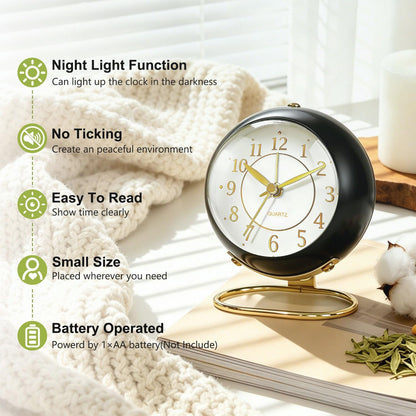 Analog Alarm Clock, Retro Small Desk Clock with Night Light, Backlight Cute Simple Design, Silent Non-Ticking, Battery Powered, Clock for Bedroom,Travel,Kitchen,Bedside Desktop Decor