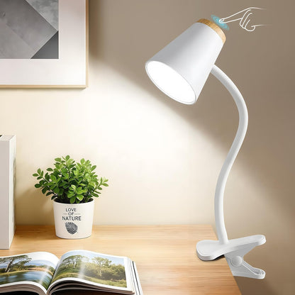 EJIAXIN Clip on Desk Lamp for Home Office - Small LED Touch Dimmable Reading Light for College Dorm Room - Adjustable Flexible Gooseneck Clamp Light Table Lamp for Bedside Bedroom Bed Headboard White