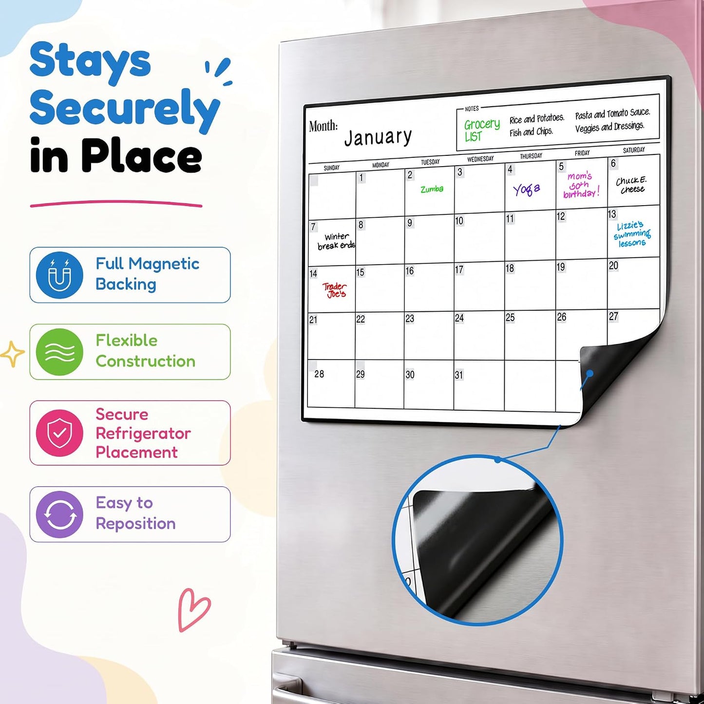 3 Pack Magnetic Dry Erase Calendar for Fridge, 17" x 12" Fridge Planner | Stain-Resistant Magnetic Calendar for Refrigerator with 6 Magnetic Markers & 1 Eraser - Monthly, Weekly & Daily Planner Set