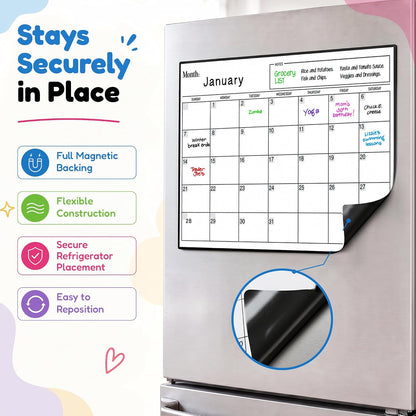3 Pack Magnetic Dry Erase Calendar for Fridge, 17" x 12" Fridge Planner | Stain-Resistant Magnetic Calendar for Refrigerator with 6 Magnetic Markers & 1 Eraser - Monthly, Weekly & Daily Planner Set