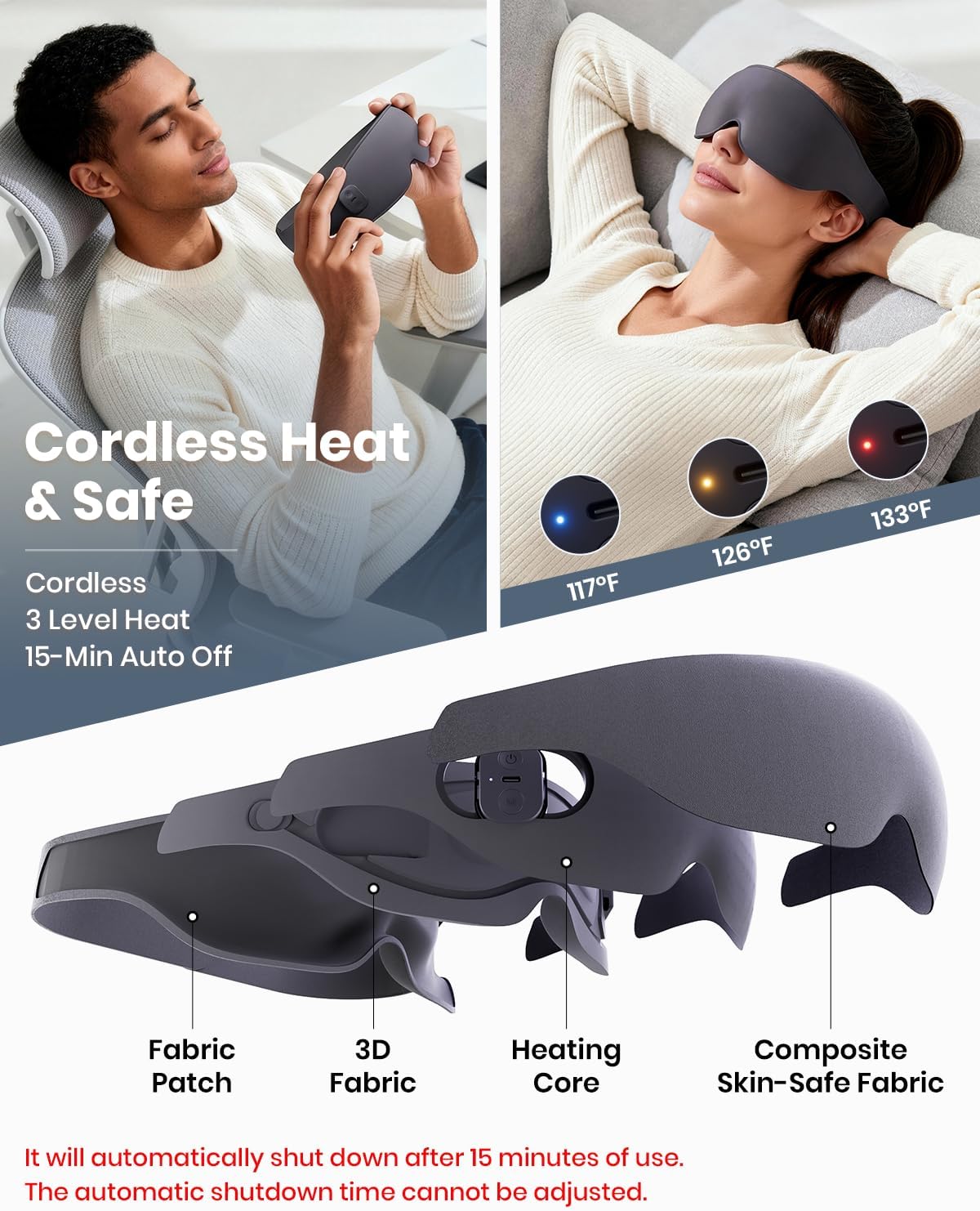 Heated Eye Mask, Cordless Electric Eye Mask Heated for Dry Eyes Relief, 3D Light Blocking, 3 Heat Levels, Warm Eye Compress & Eye Heating Pad, Sleeping Mask with Washable Cover